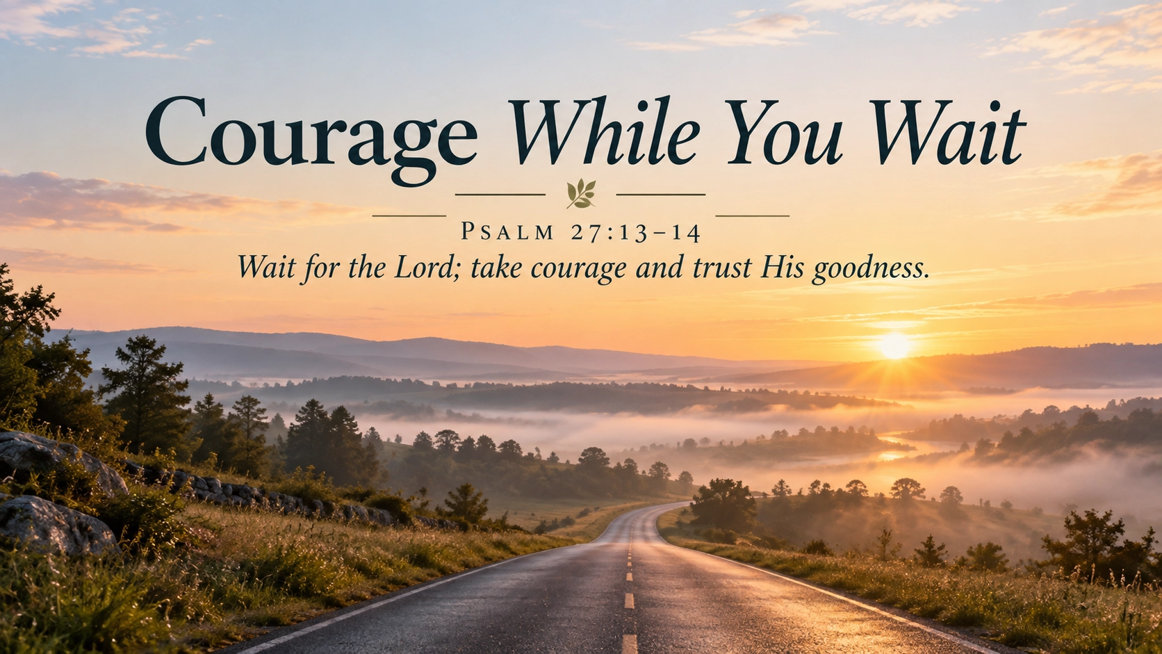 A quiet road leading toward warm morning light with the title &ldquo;Courage While You Wait&rdquo; and a paraphrase of Psalm 27:13&ndash;14 about waiting for God with courage.